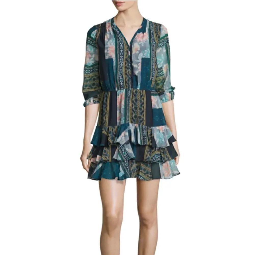 Hiche Patchwork Floral-Print 3/4-Sleeve Tiered Dress